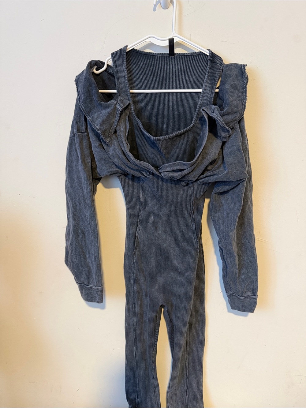 Women One-Piece Ribbed Jumpsuit in Charcoal Gray